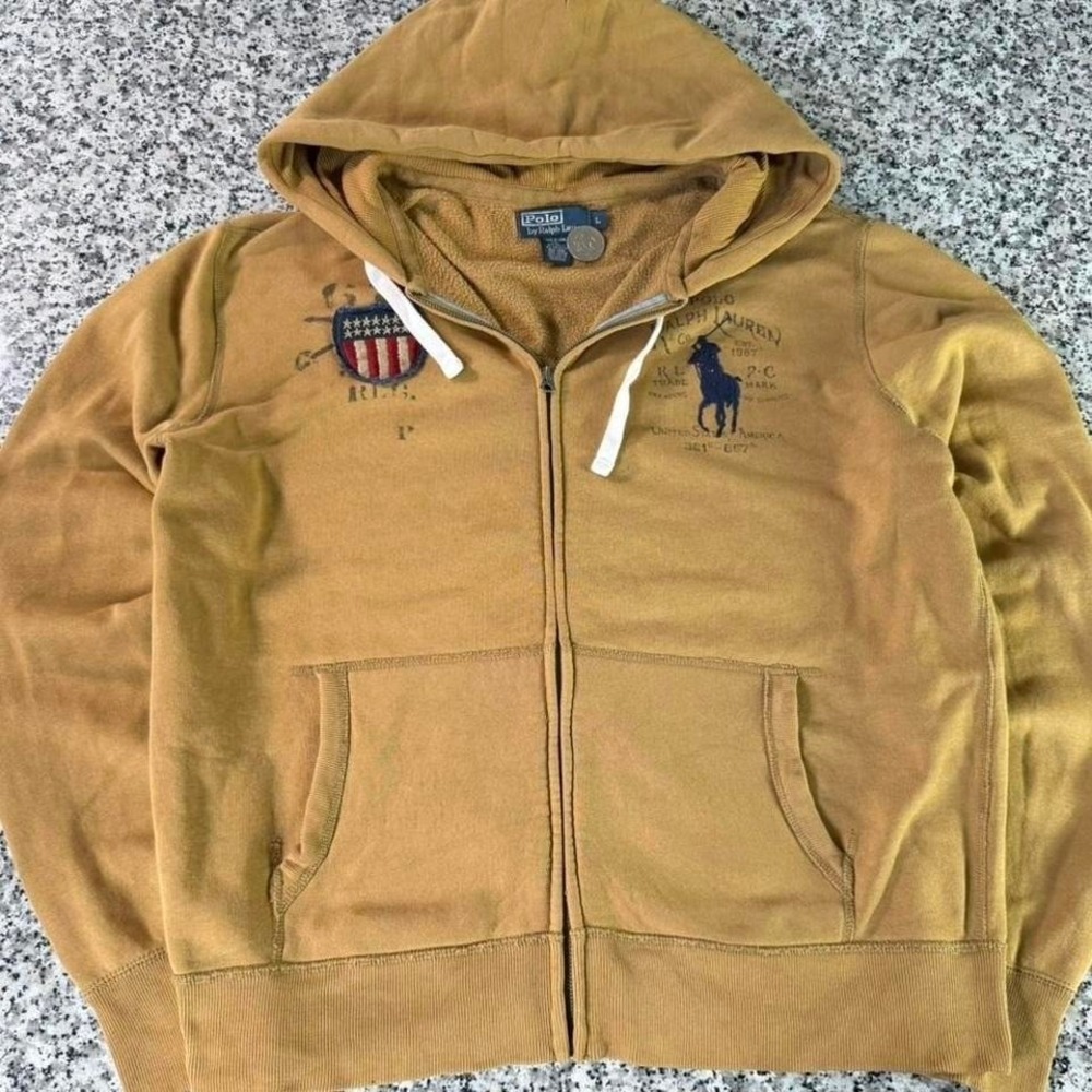 Polo Ralph Lauren Tan Rare Y2k USA American Graphic Big Pony Zip Hoodie Large